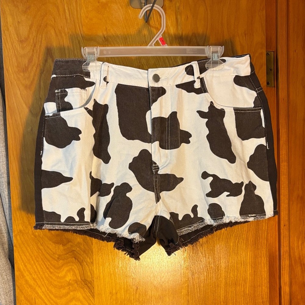 SHEIN Brown and White Cow Print Jean Shorts